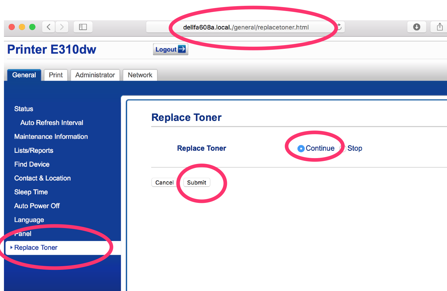 Go to http://dellfa608a.local./general/replacetoner.html, then in the Replace Toner section, select Continue, then Submit.